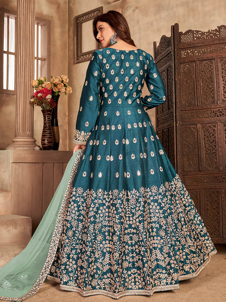 Myra Teal Art Silk Embroidered Anarkali Suit 