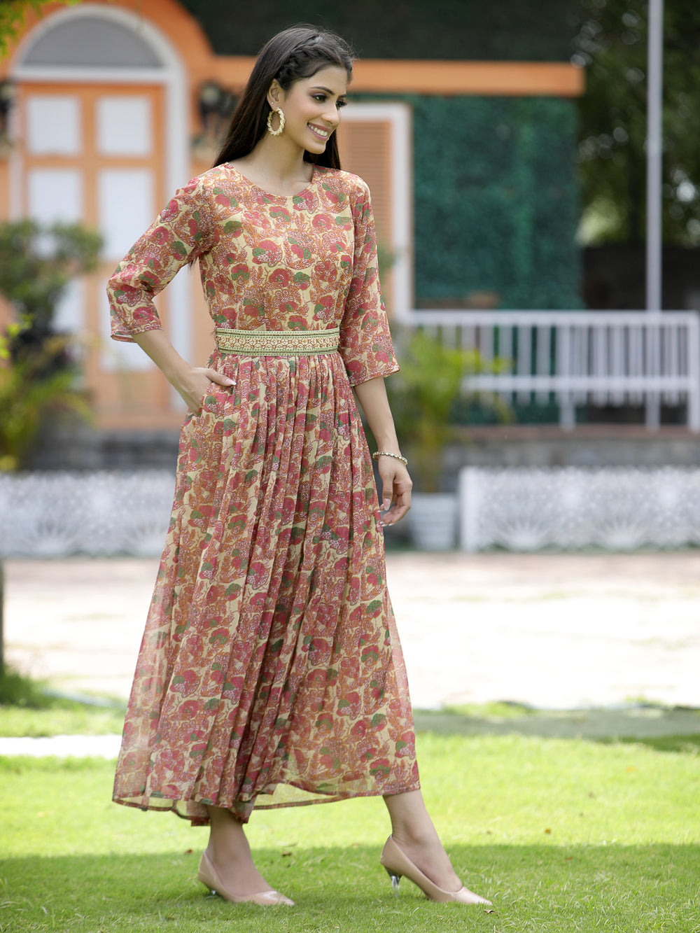 Juniper Fuchsia Chiffon Casual Wear Printed Flared Jumpsuit 