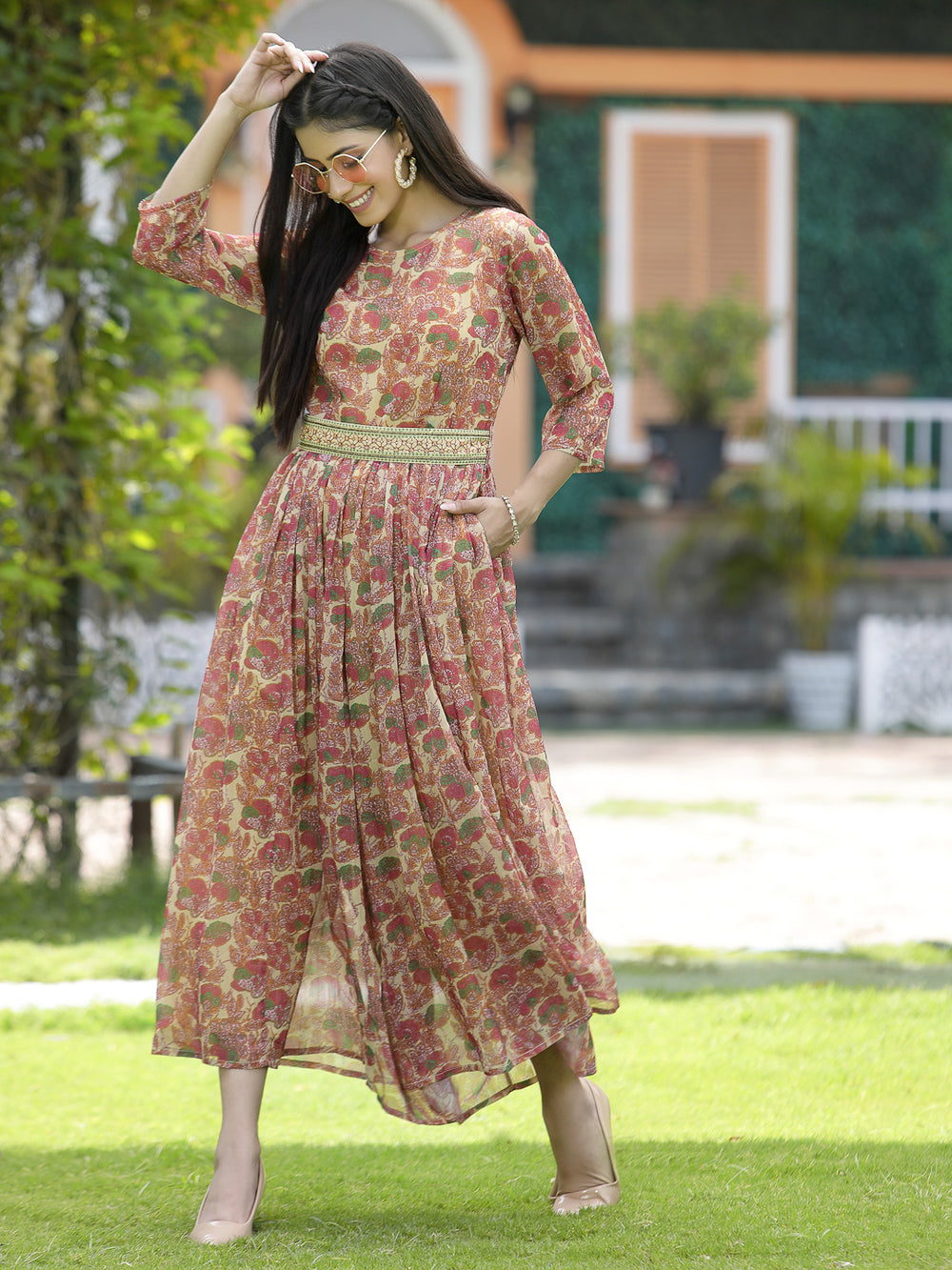 Juniper Fuchsia Chiffon Casual Wear Printed Flared Jumpsuit 