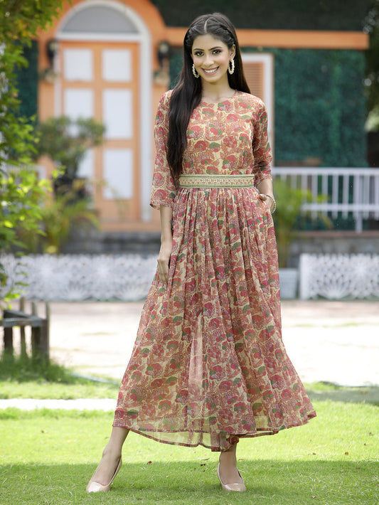Juniper Fuchsia Chiffon Casual Wear Printed Flared Jumpsuit 