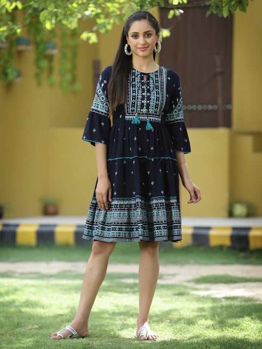 Juniper Navy Rayon Festive Printed Tiered Short Dress For Women