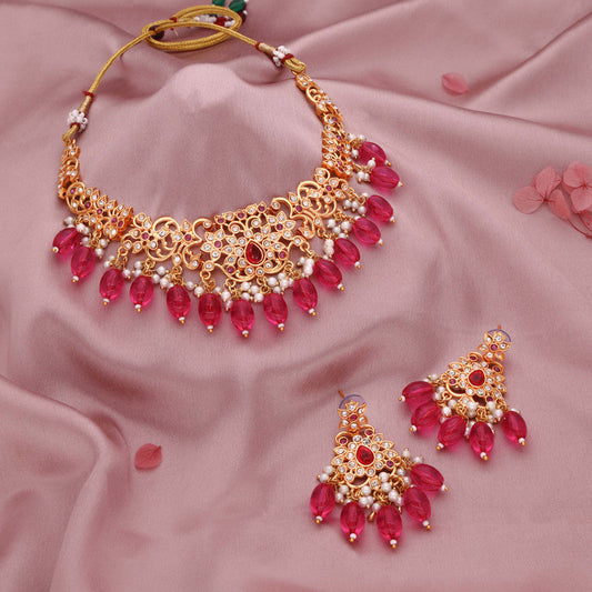 Tehzeeb Creations Gold-Polished Pink Colour Necklace With Stud