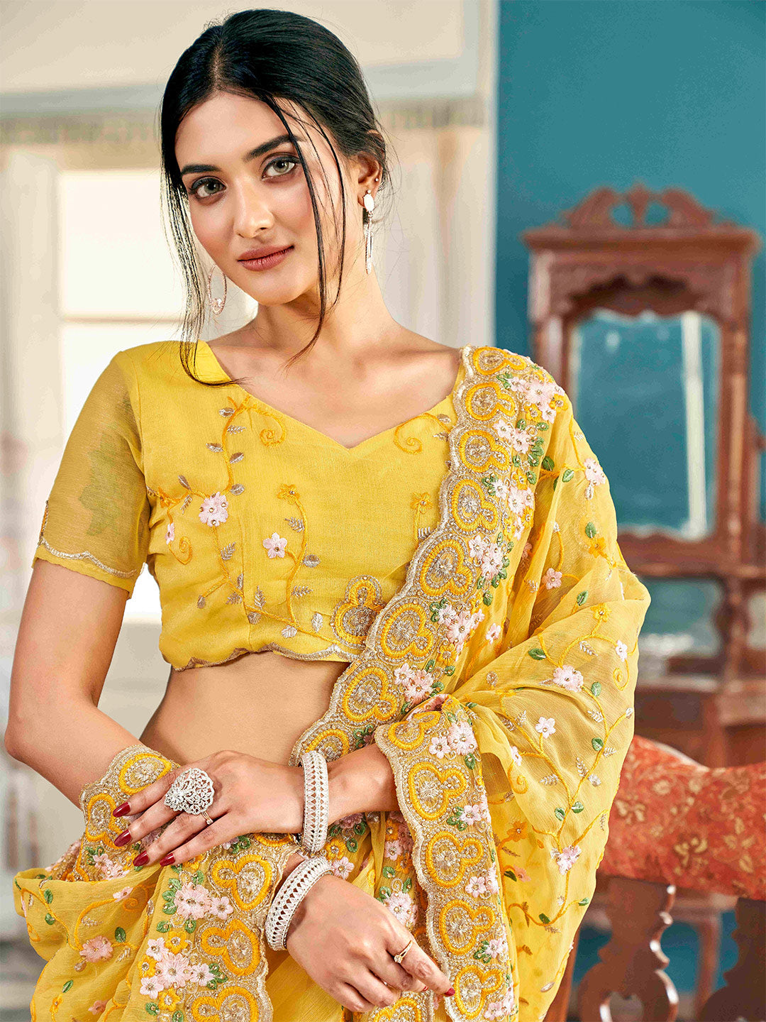 Tikhi Imli Yellow Ethnic Motifs Beads and Stones Embroidered Grab2Buy 