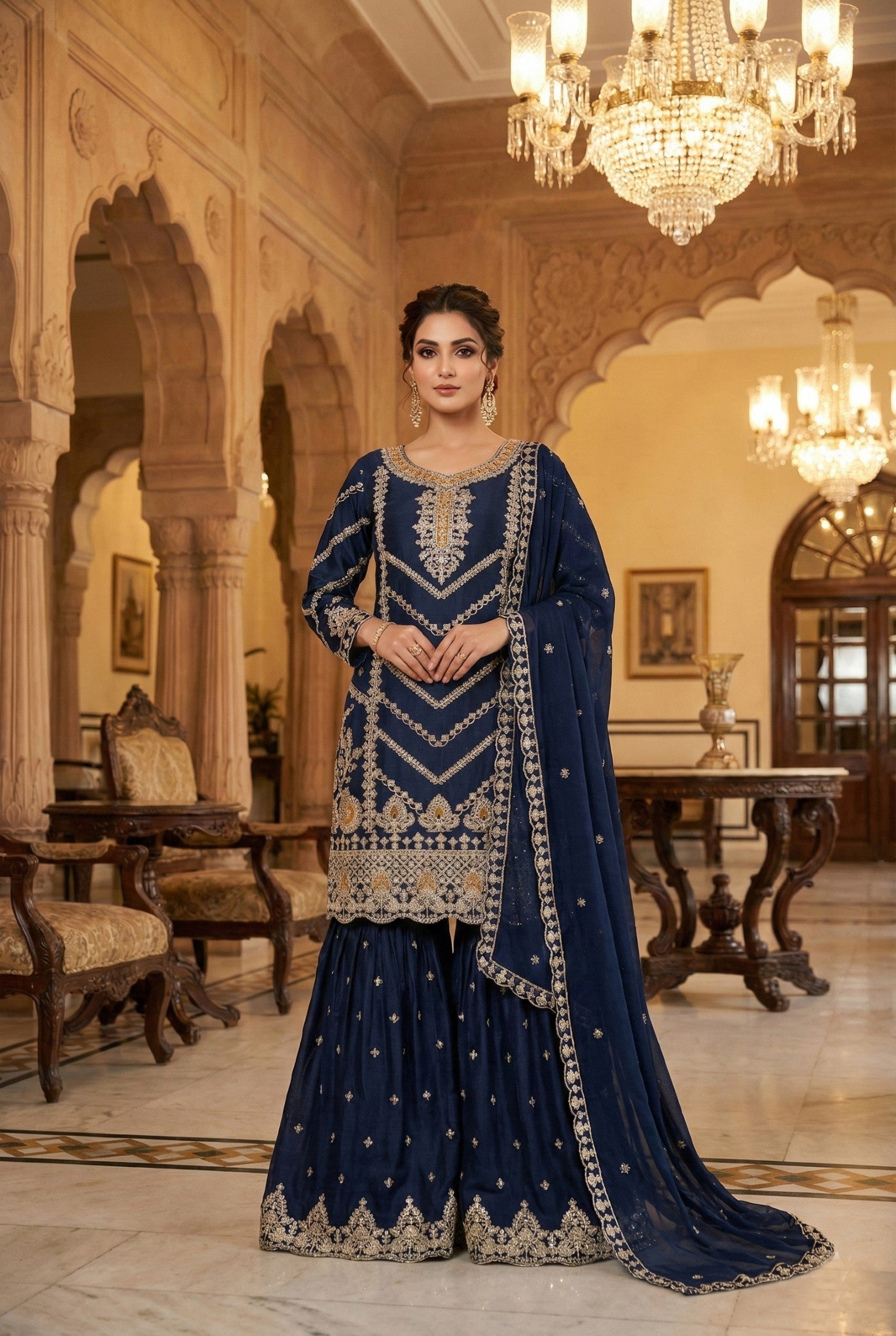 Anaita Navy Chinon Stitched Sharara Suit with Embroidery & Sequence Work