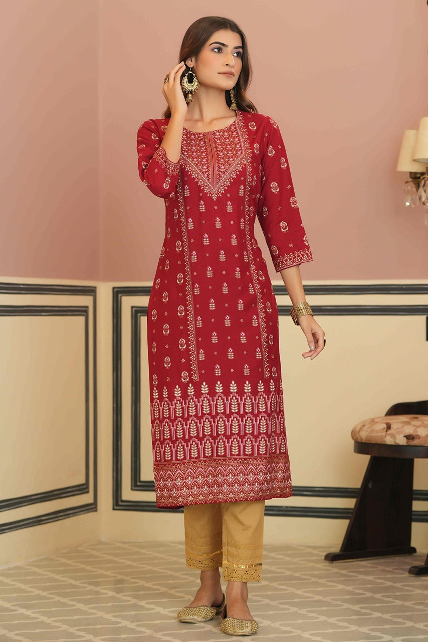 Juniper Maroon Rayon Festive Printed Straight Kurta For Women