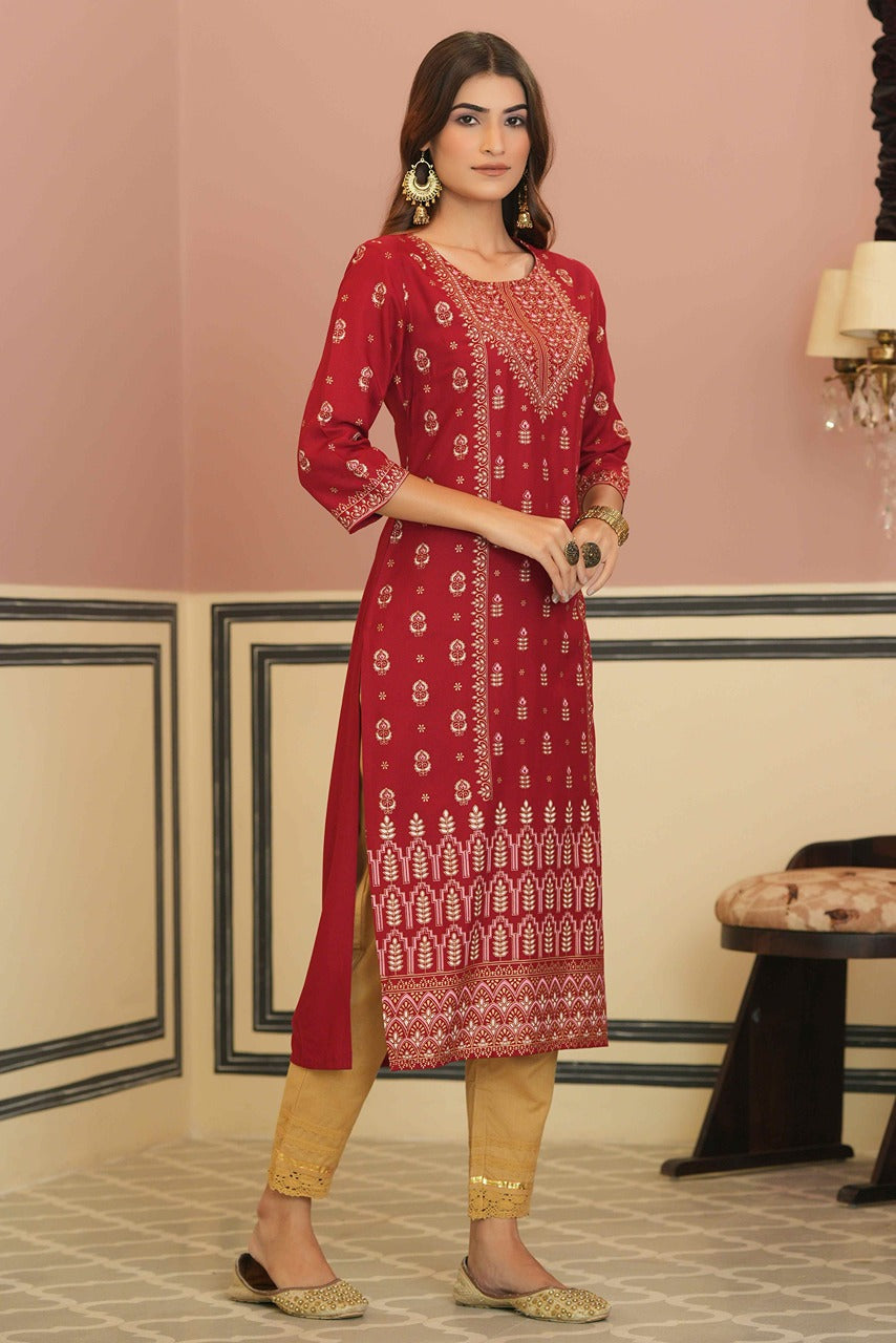 Juniper Maroon Rayon Festive Printed Straight Kurta For Women