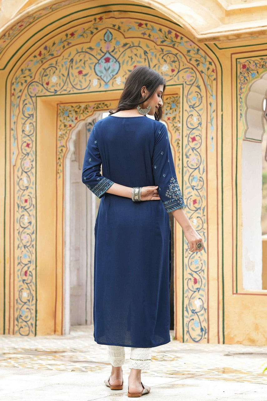 Juniper Blue Rayon Festive Printed Straight Kurta For Women
