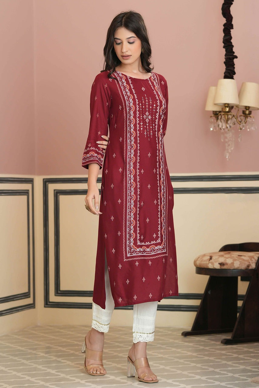 Juniper Maroon Rayon Festive Printed Straight Kurta For Women