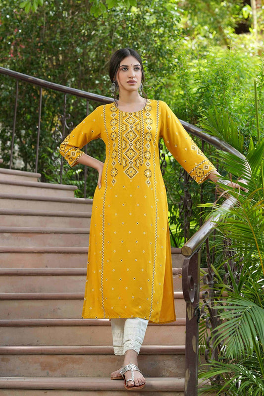 Juniper Mustard Rayon Festive Printed Straight Kurta For Women