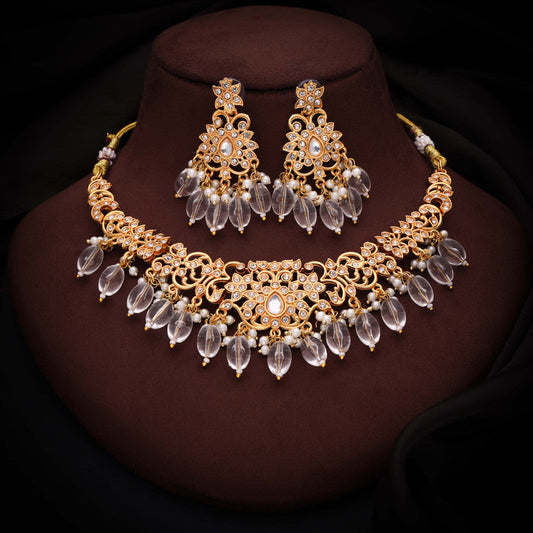 Tehzeeb Creations Gold-Polished White Colour Necklace With Stud