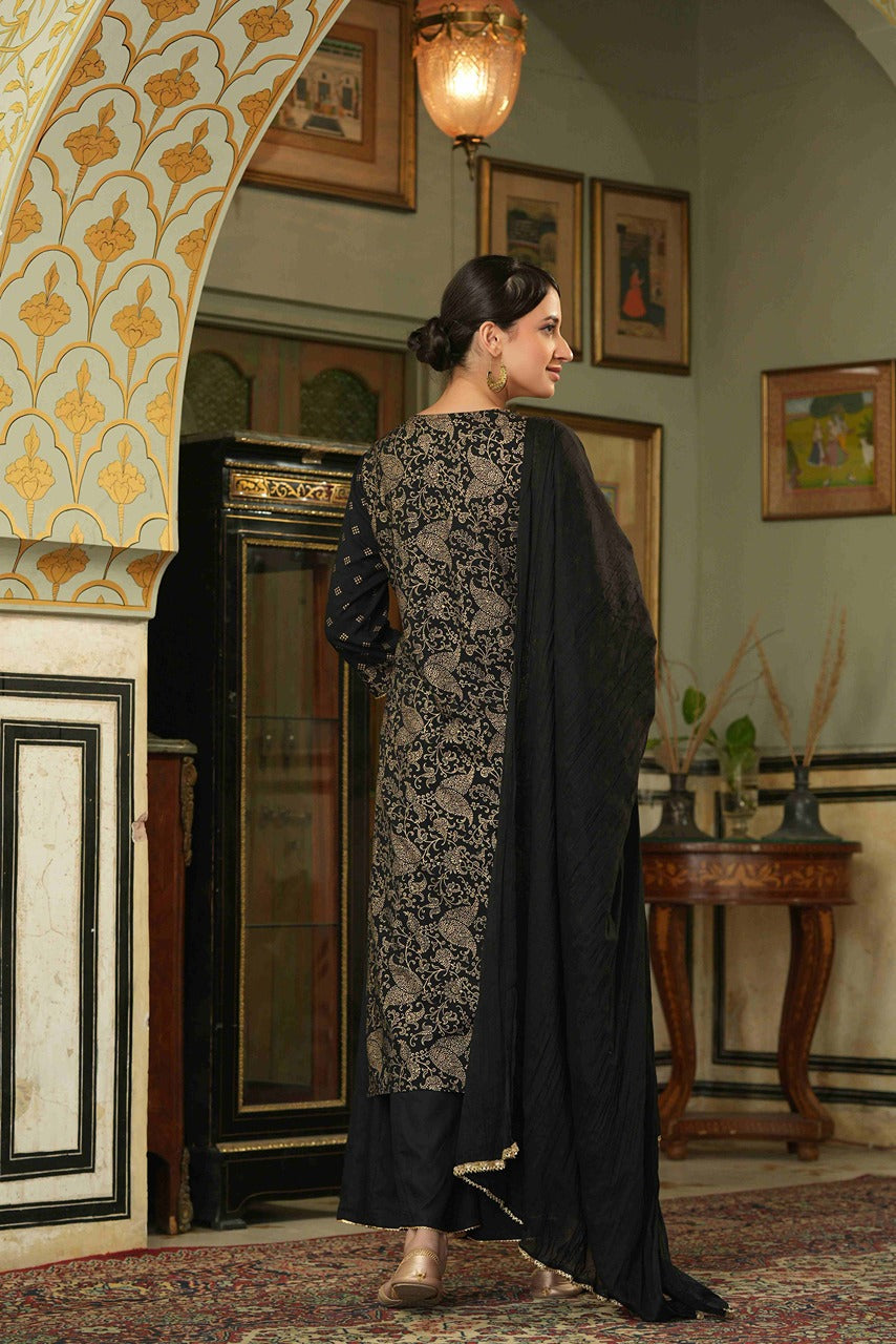 Juniper Black Rayon Festive Embroidered Straight Skd For Women 