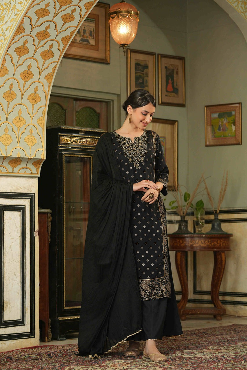 Juniper Black Rayon Festive Embroidered Straight Skd For Women 