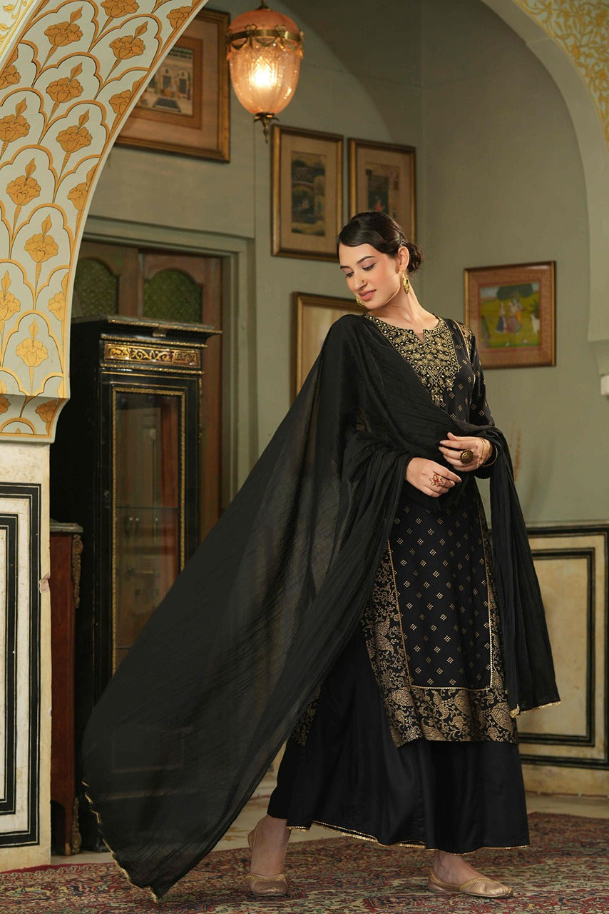 Juniper Black Rayon Festive Embroidered Straight Skd For Women 