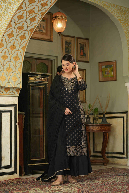 Juniper Black Rayon Festive Embroidered Straight Skd For Women 