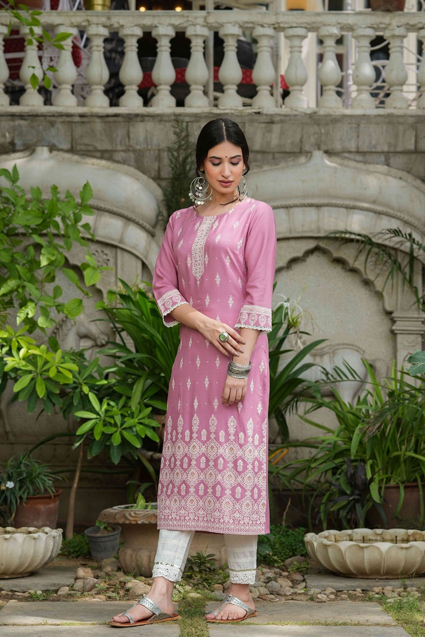 Juniper Onion Pink Rayon Festive Printed Straight Kurta For Women