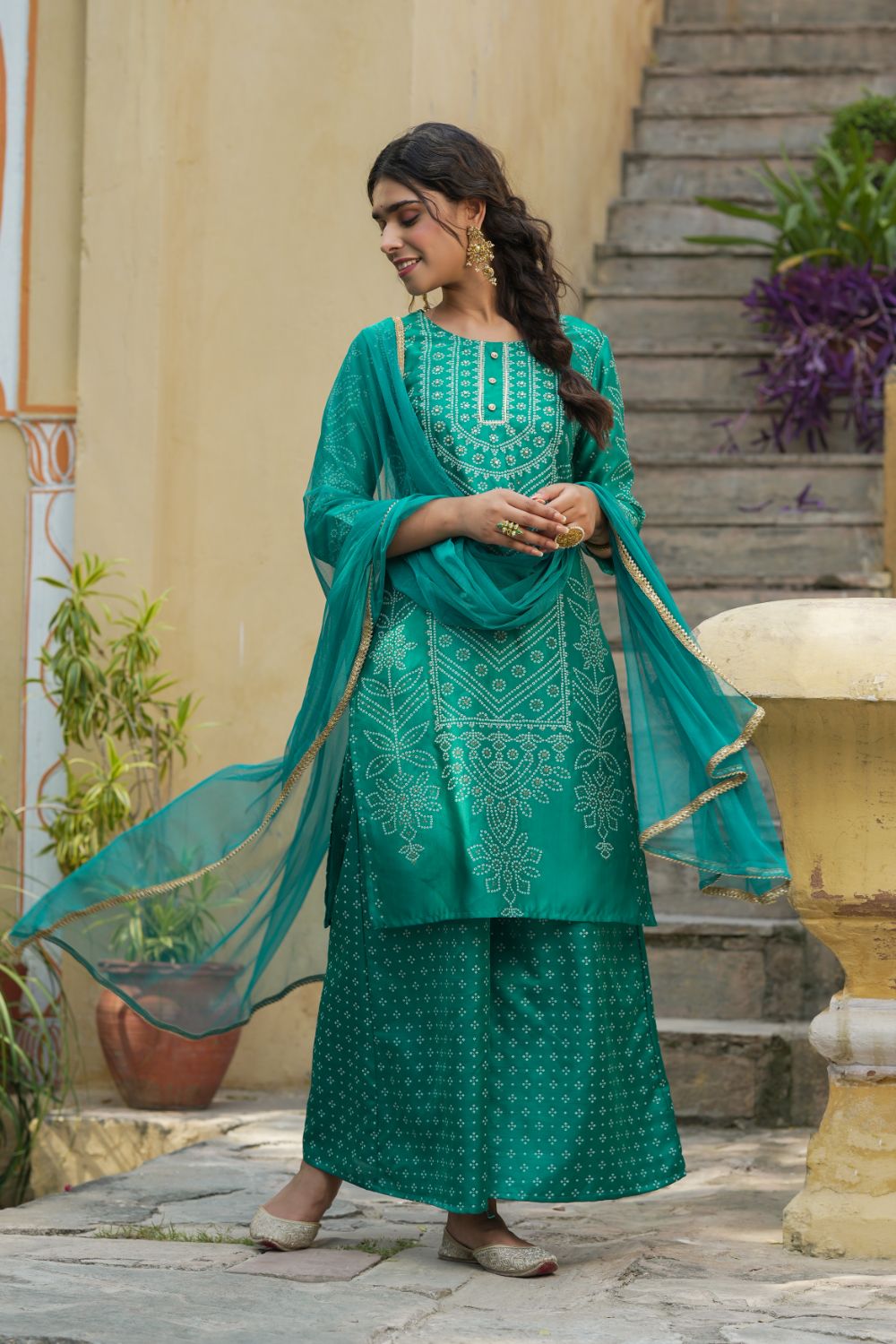 Juniper Womens Teal Shantoon Slub Bandhani Printed Kurta Palazzo Dupatta Set