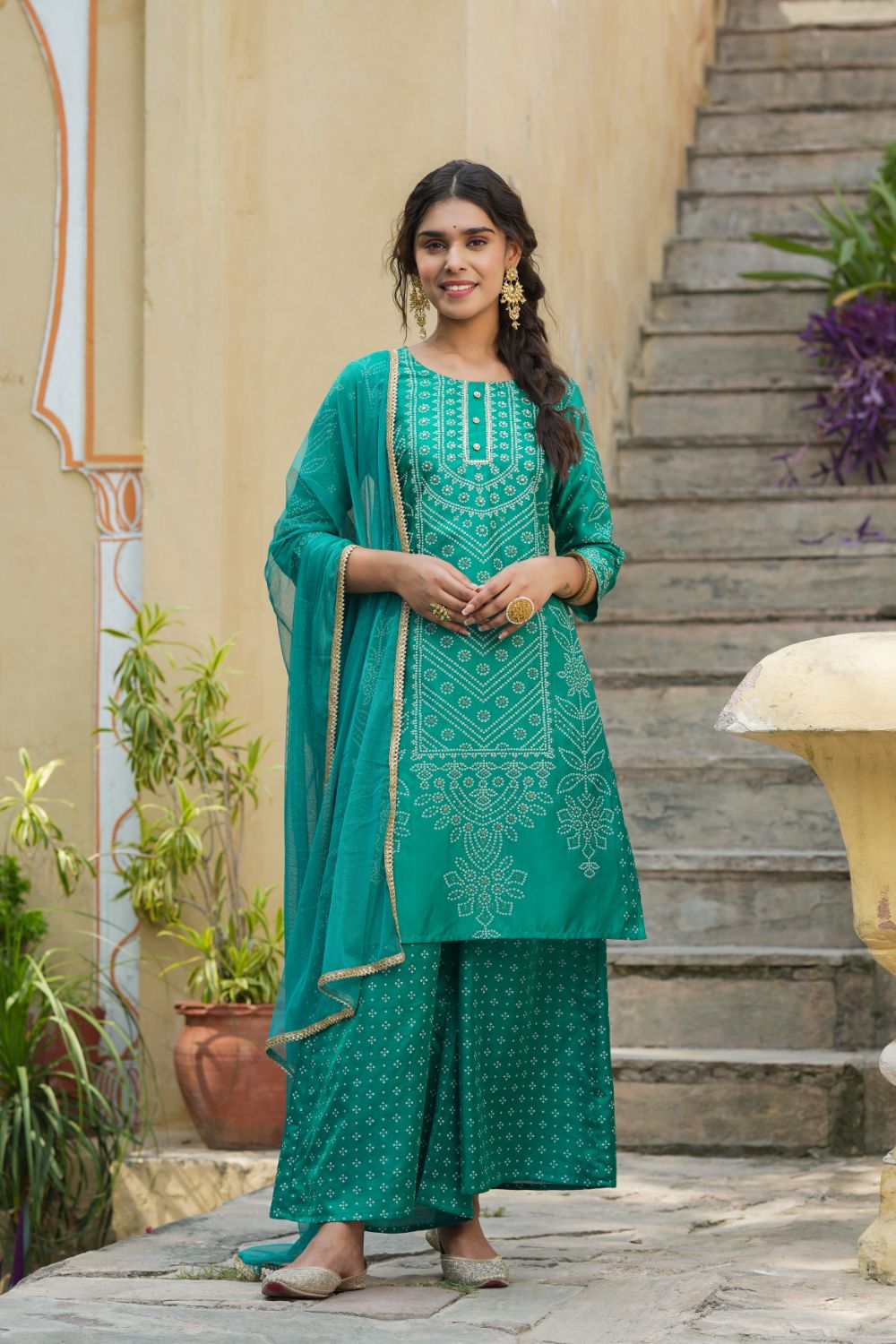 Juniper Womens Teal Shantoon Slub Bandhani Printed Kurta Palazzo Dupatta Set