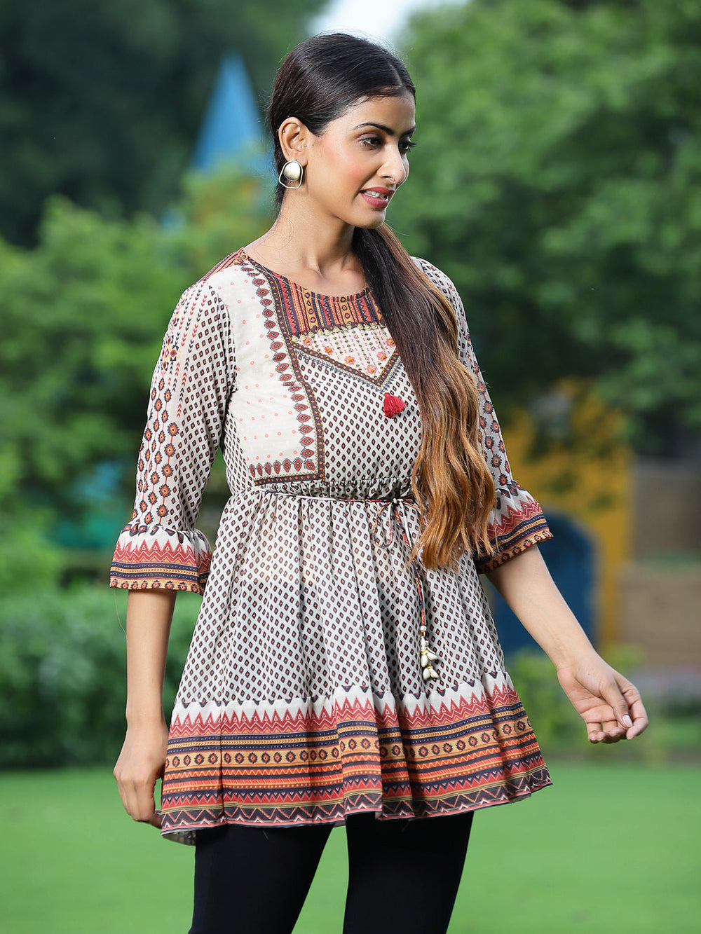 Juniper Off - White Georgette Festive Printed Flared Tunic For Women
