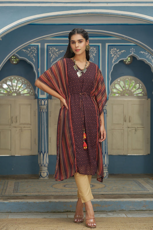 Juniper Brown Georgette Festive Printed Straight Kaftan For Women