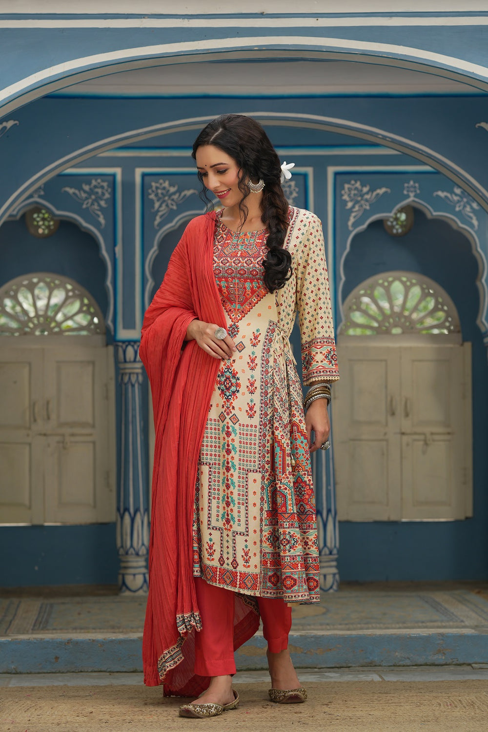 Juniper Off - White Rayon Festive Printed A-Line Skd For Women
