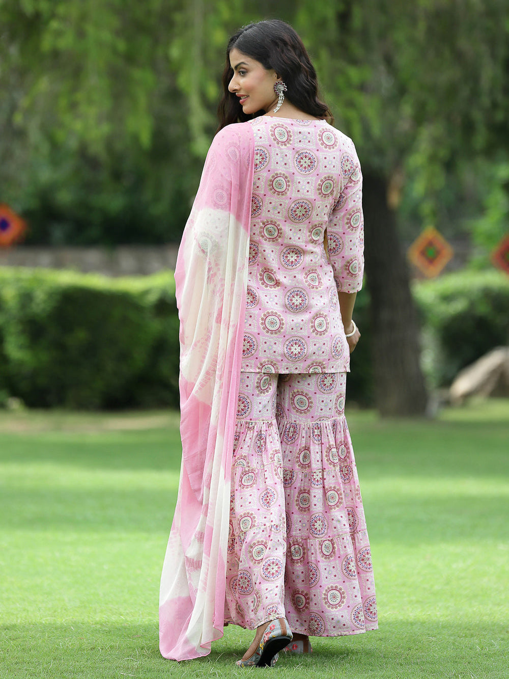 Juniper Pink Muslin Festive Wear Mirror Work Straight Kurta Sharara Dupatta Set