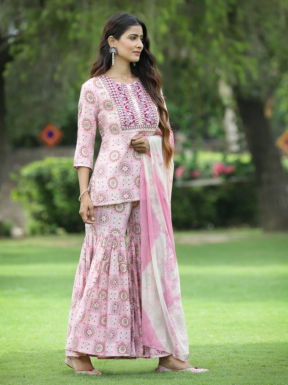 Juniper Pink Muslin Festive Wear Mirror Work Straight Kurta Sharara Dupatta Set