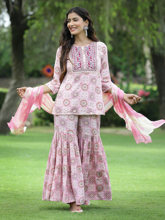 Juniper Pink Muslin Festive Wear Mirror Work Straight Kurta Sharara Dupatta Set