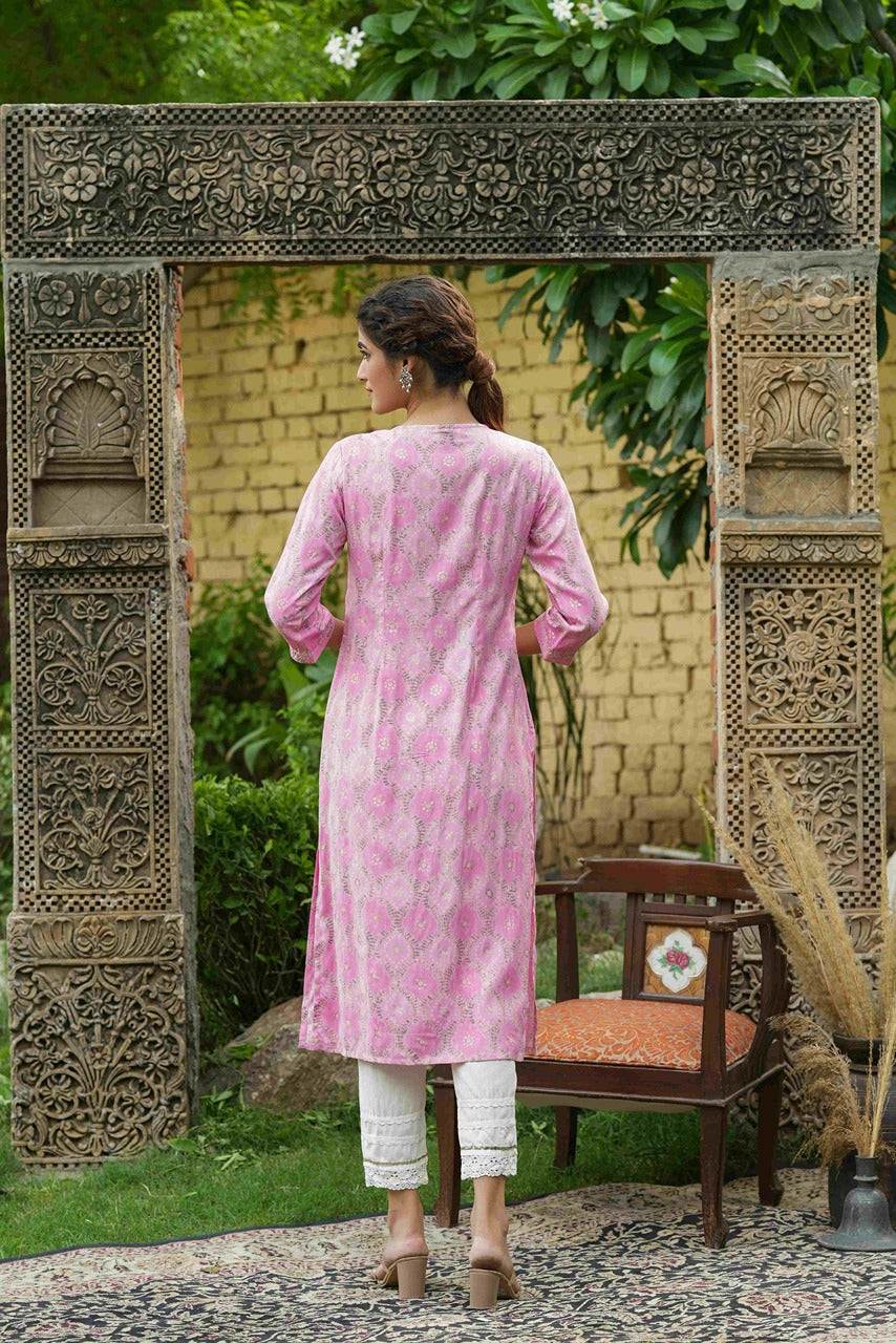 Juniper Pink Muslin Festive Wear Mirror Work Straight Kurta