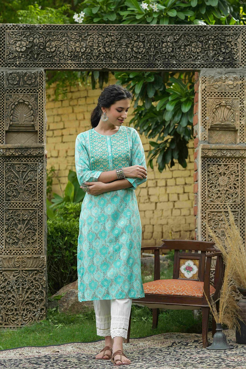 Juniper Skyblue Muslin Festive Wear Mirror Work Straight Kurta