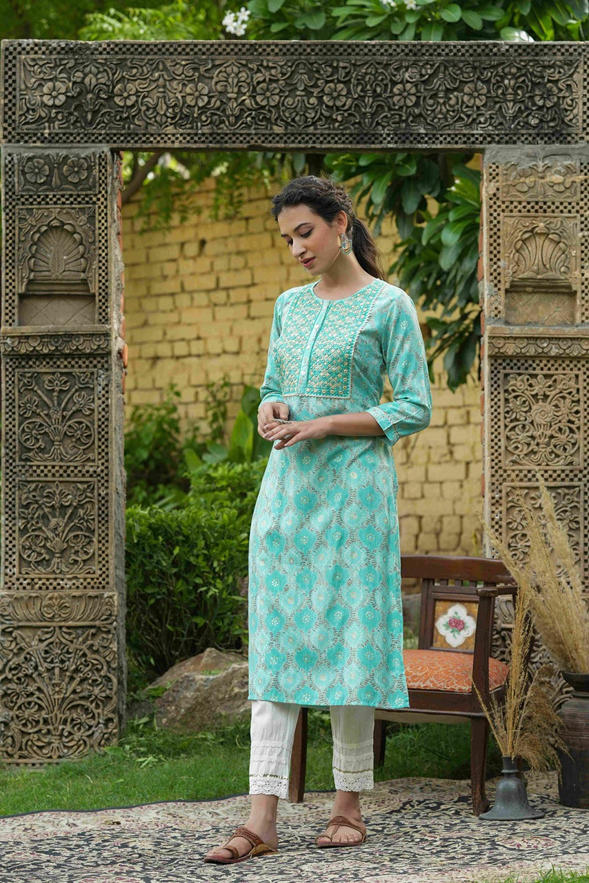 Juniper Skyblue Muslin Festive Wear Mirror Work Straight Kurta