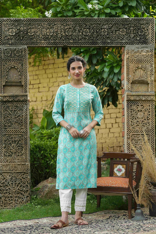 Juniper Skyblue Muslin Festive Wear Mirror Work Straight Kurta