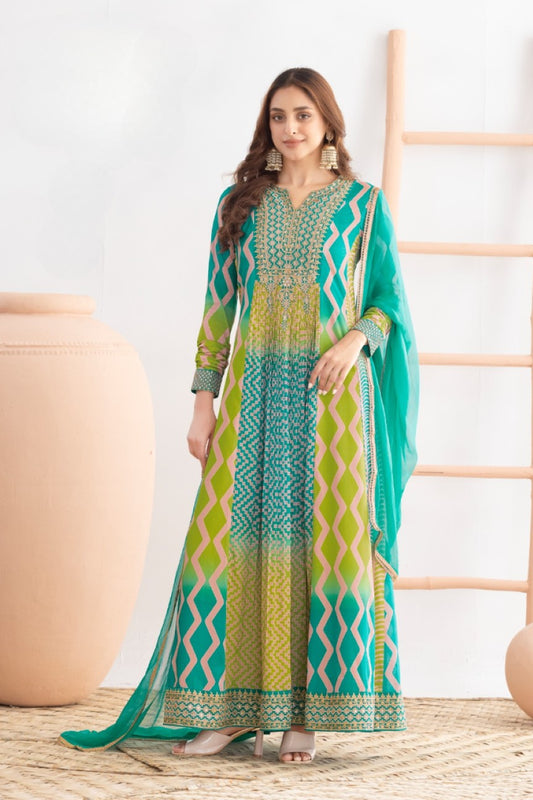 Anaita Green Chinon Stitched Anarkali Suits With Embroidery & Sequence Work
