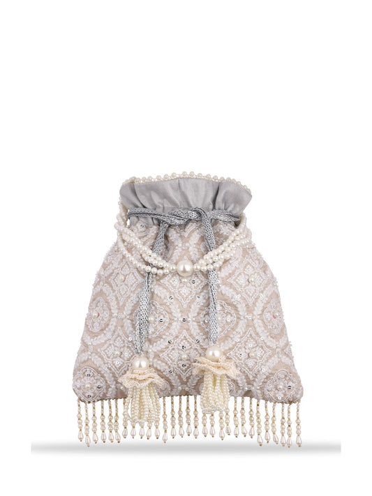 Masq Tan & White Embroidered Potli Clutch - Grab2buy