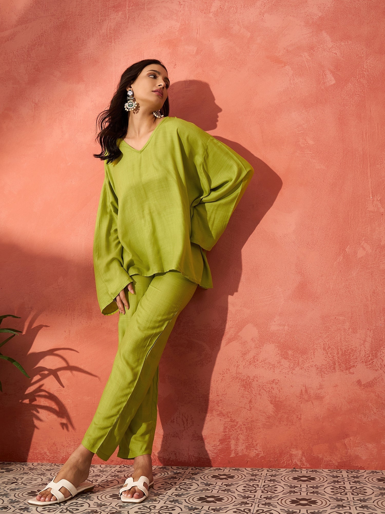 InWeave Pear Green Solid Boho Full Sleeve Co Ord Set 