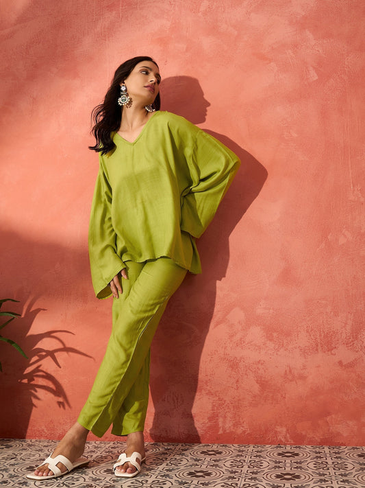 InWeave Pear Green Solid Boho Full Sleeve Co Ord Set 