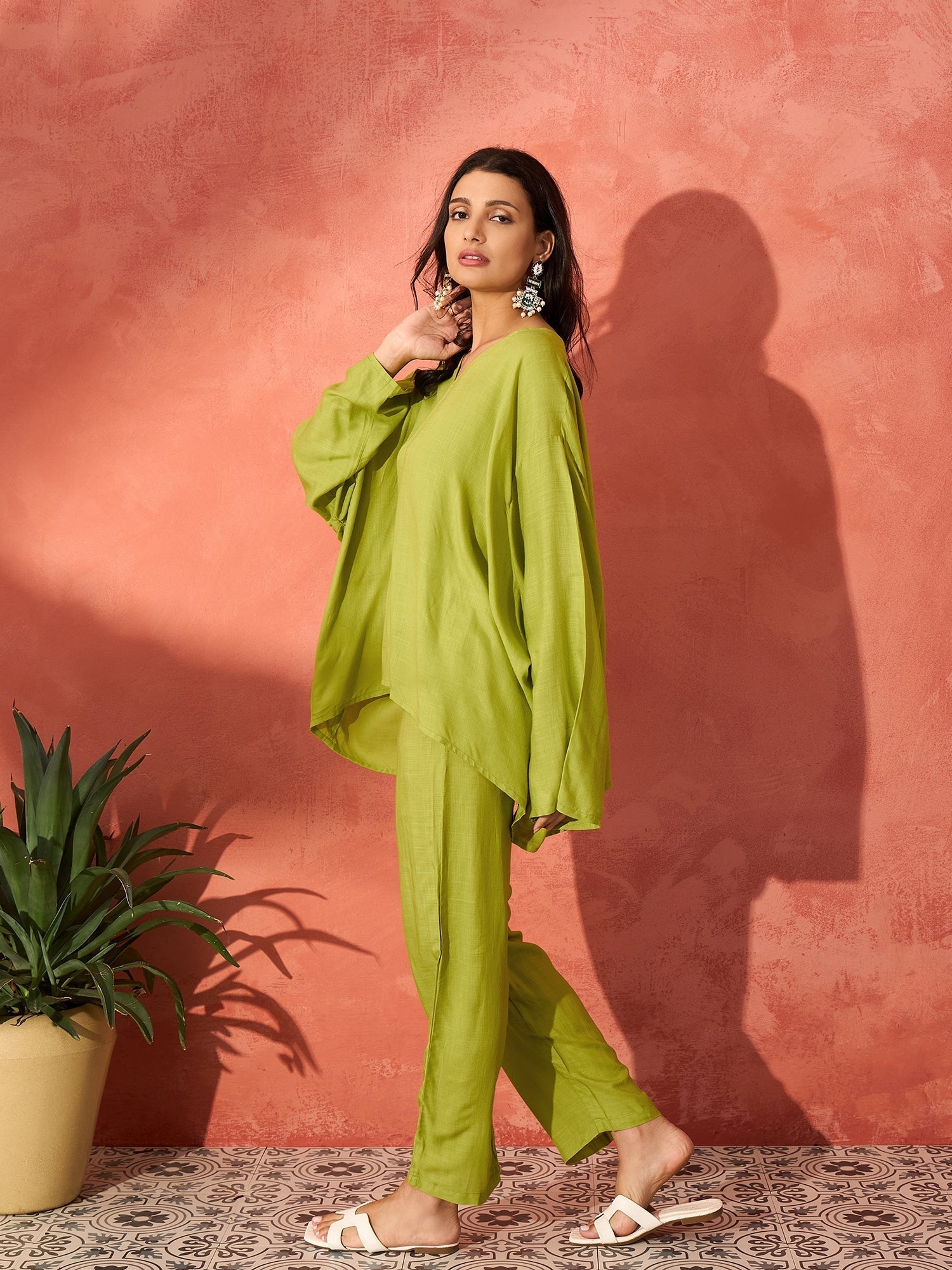 InWeave Pear Green Solid Boho Full Sleeve Co Ord Set 