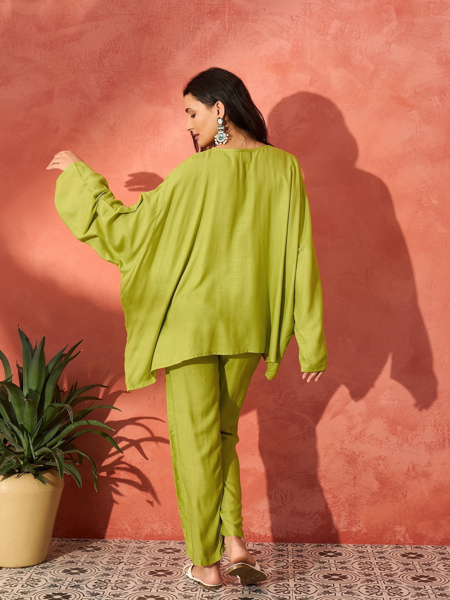 InWeave Pear Green Solid Boho Full Sleeve Co Ord Set 