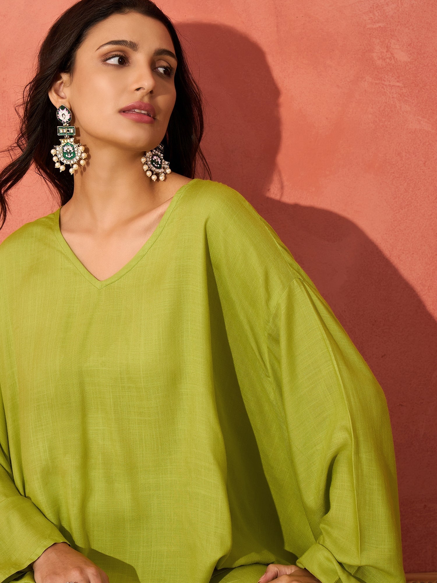 InWeave Pear Green Solid Boho Full Sleeve Co Ord Set 