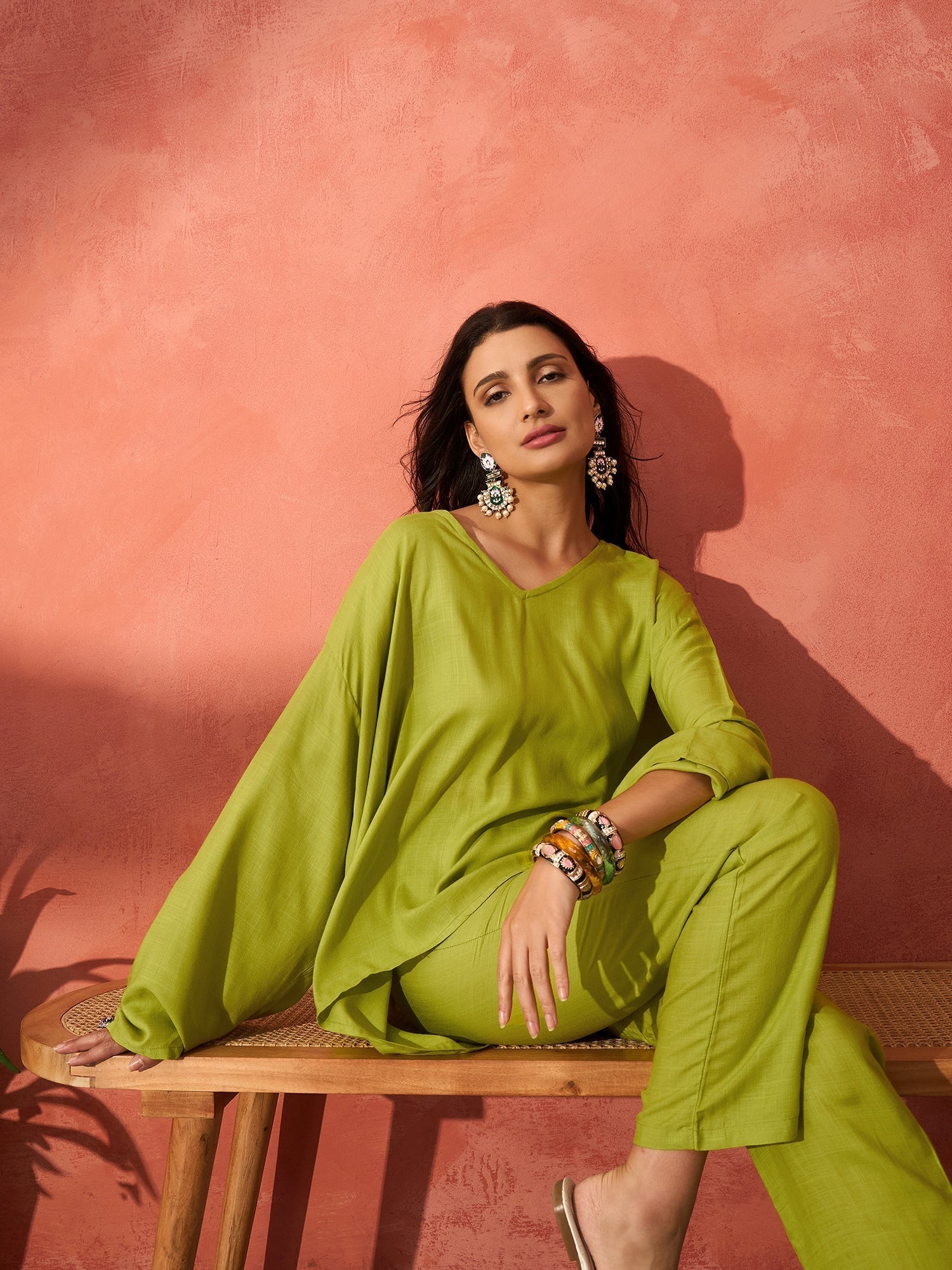 InWeave Pear Green Solid Boho Full Sleeve Co Ord Set 