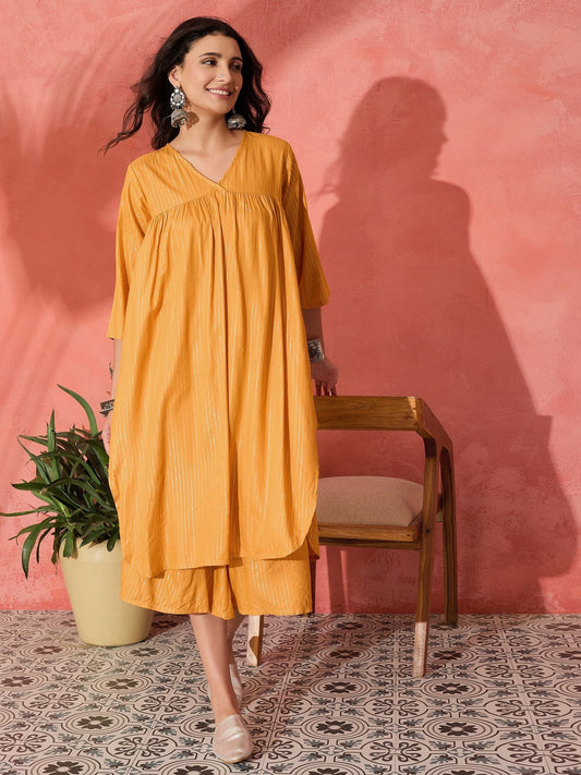 InWeave Mustard Lurex Flared V Neck Kurta Palazzo Set 