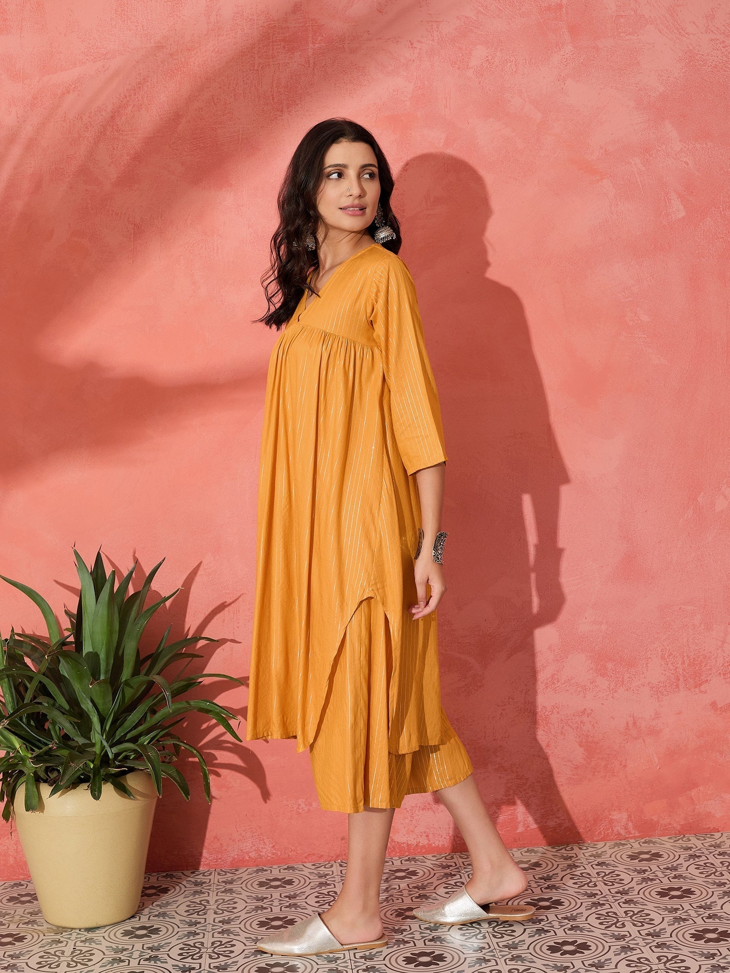 InWeave Mustard Lurex Flared V Neck Kurta Palazzo Set 