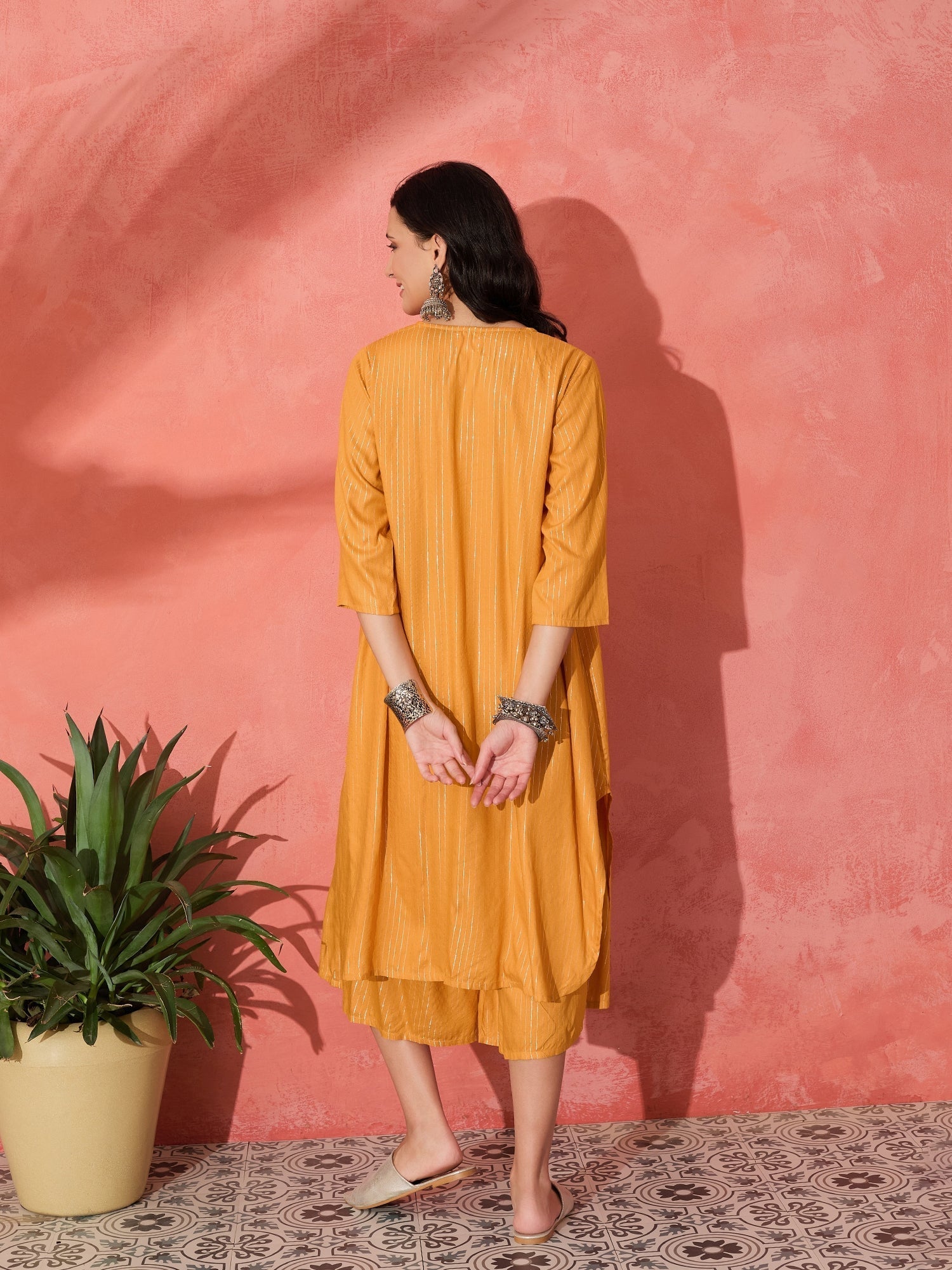 InWeave Mustard Lurex Flared V Neck Kurta Palazzo Set 