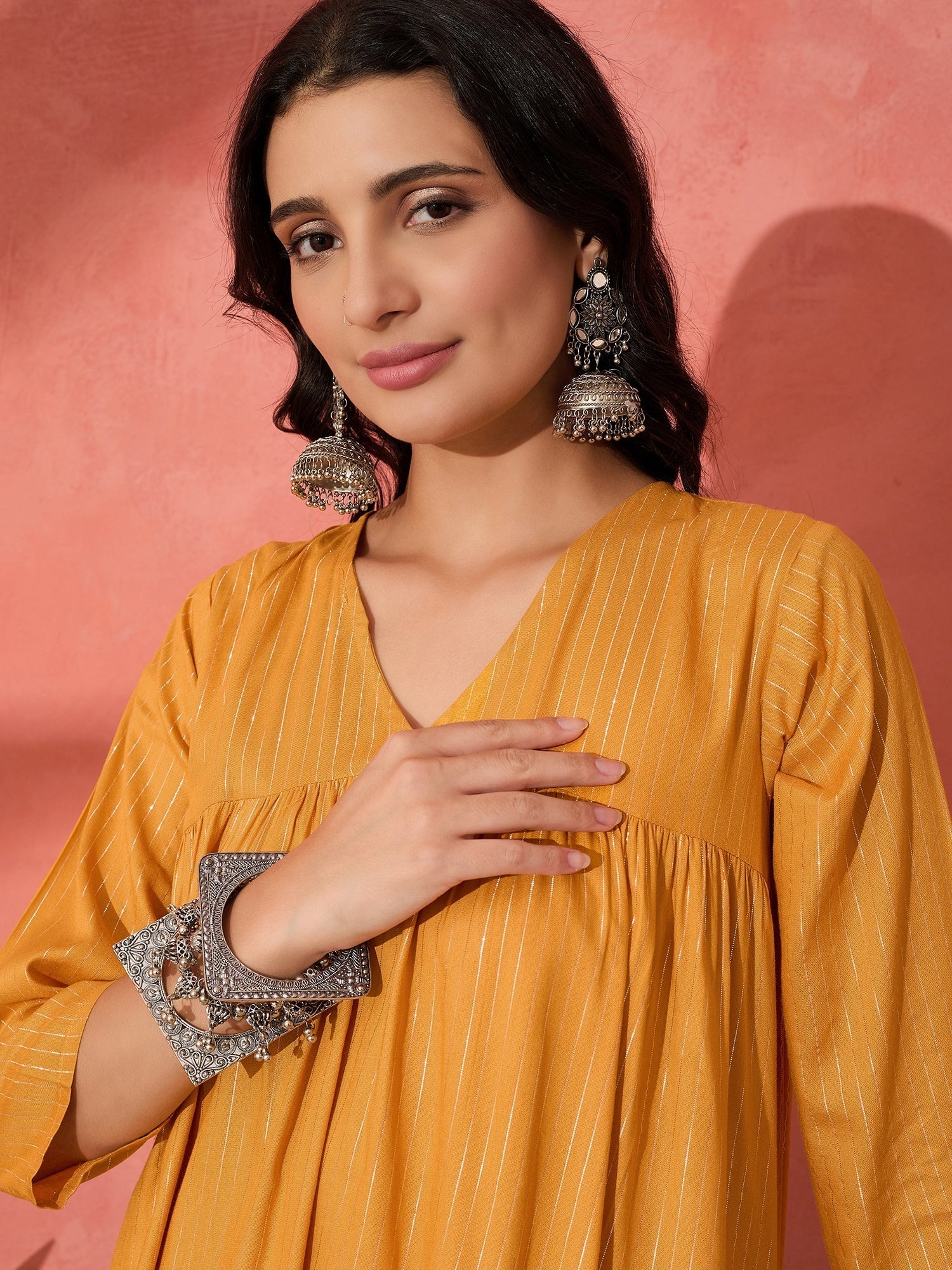 InWeave Mustard Lurex Flared V Neck Kurta Palazzo Set 