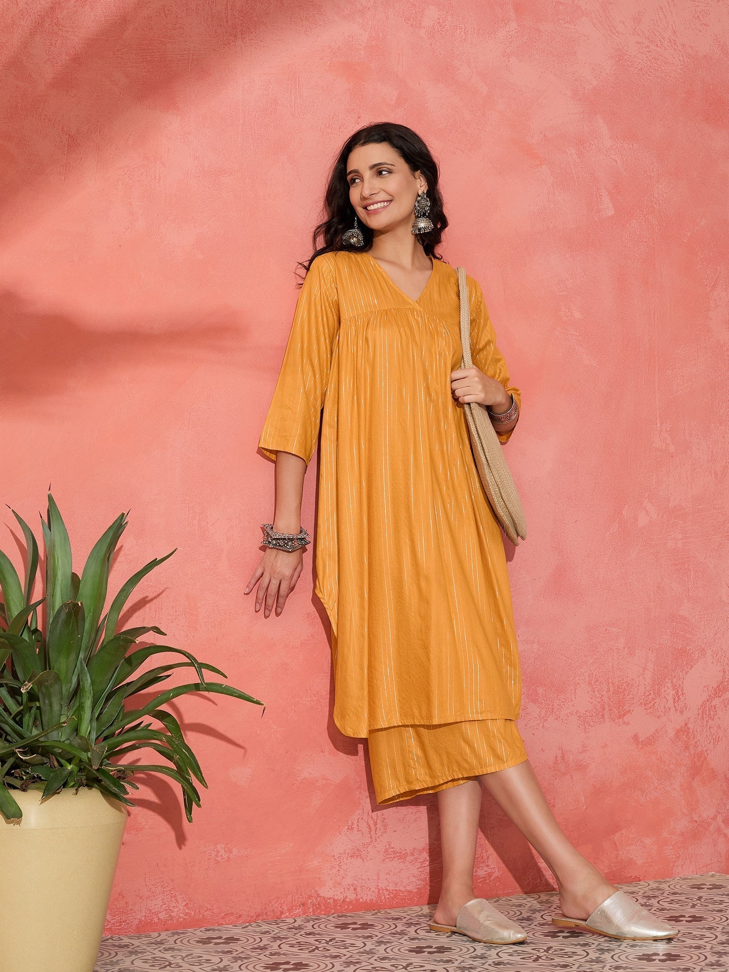 InWeave Mustard Lurex Flared V Neck Kurta Palazzo Set 