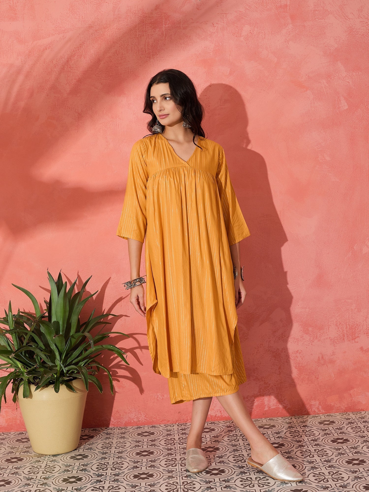 InWeave Mustard Lurex Flared V Neck Kurta Palazzo Set 