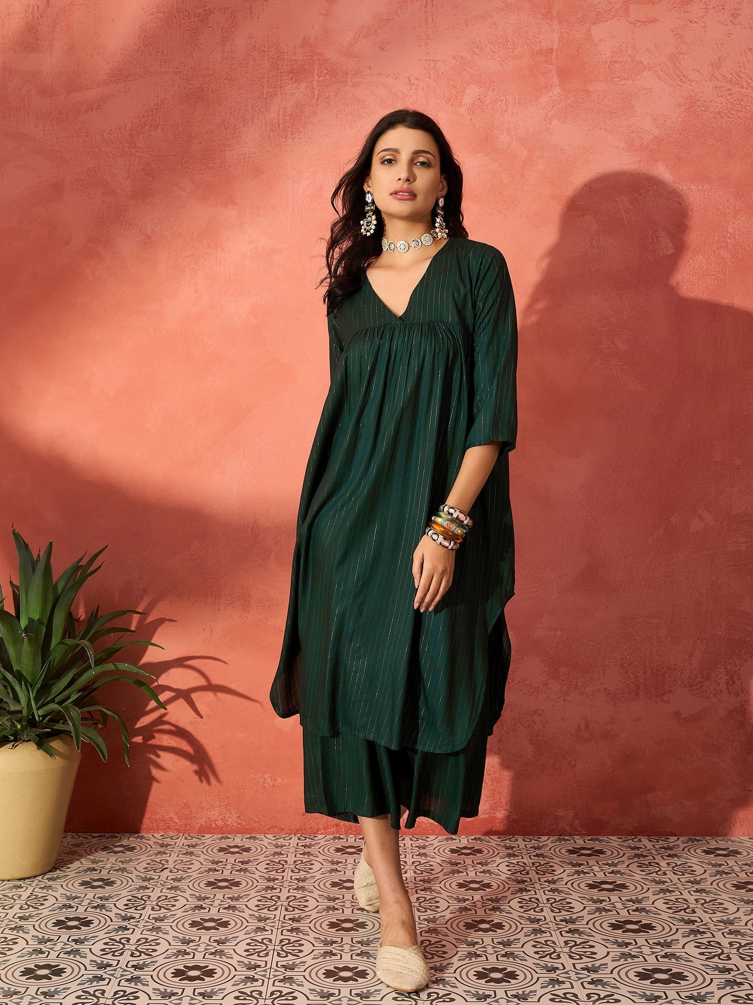 InWeave Pine Green Lurex Flared V Neck Kurta Palazzo Set | Grab2Buy