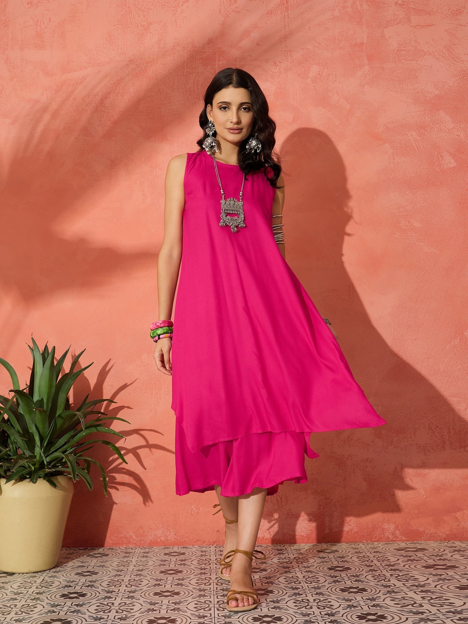 InWeave Fuchsia Short Kurta Palazzo Set | Grab2Buy