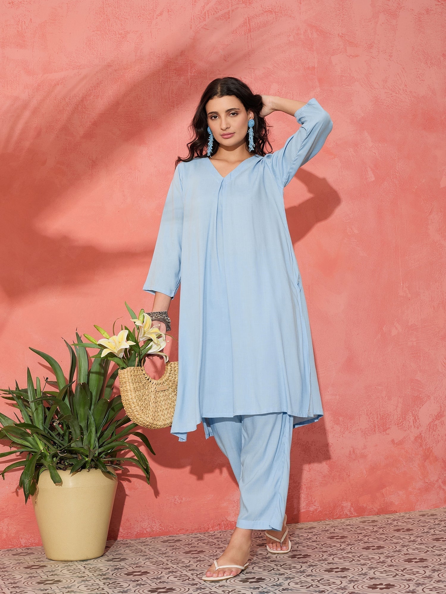 InWeave Pastel Blue Solid V Neck Kurta Pant Set | Grab2Buy