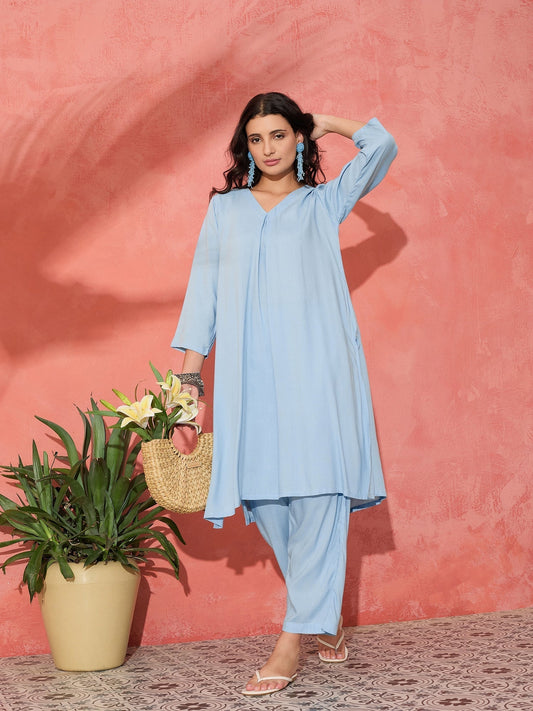 InWeave Pastel Blue Solid V Neck Kurta Pant Set | Grab2Buy