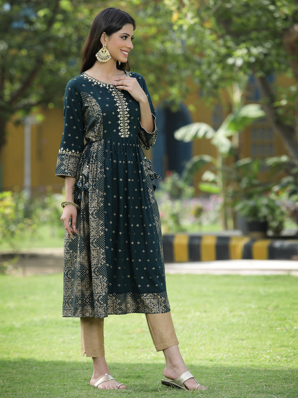 Juniper Green Rayon Festive Wear Printed Flared Kurta
